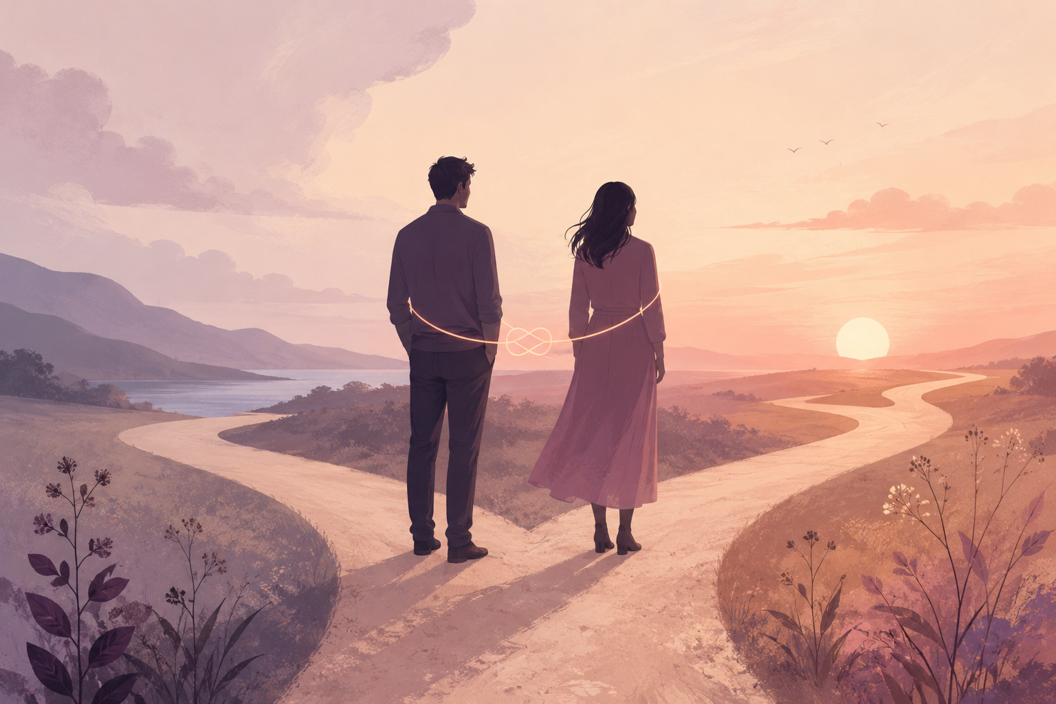 Two people standing at diverging paths, reflecting on a meaningful romantic connection
