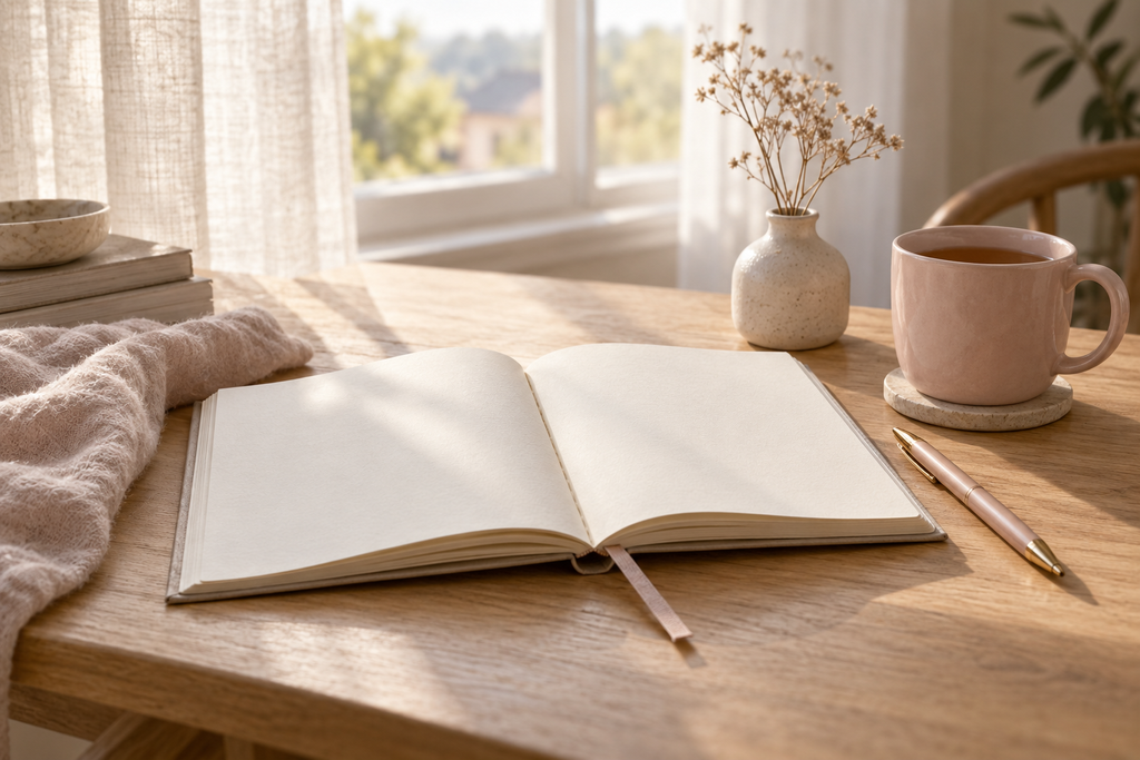 Open journal and pen beside a cup of tea in soft window light.