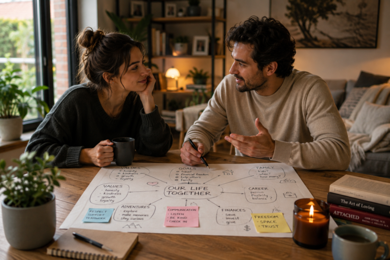 Couple discussing values, life goals, and relationship compatibility