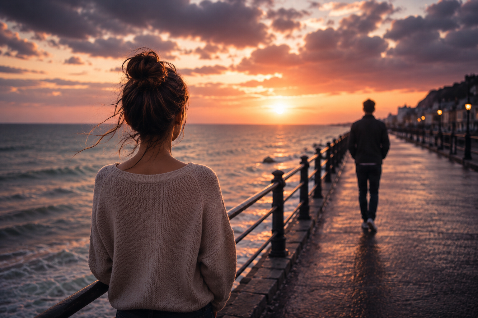 Woman watching someone pull away in a romantic relationship