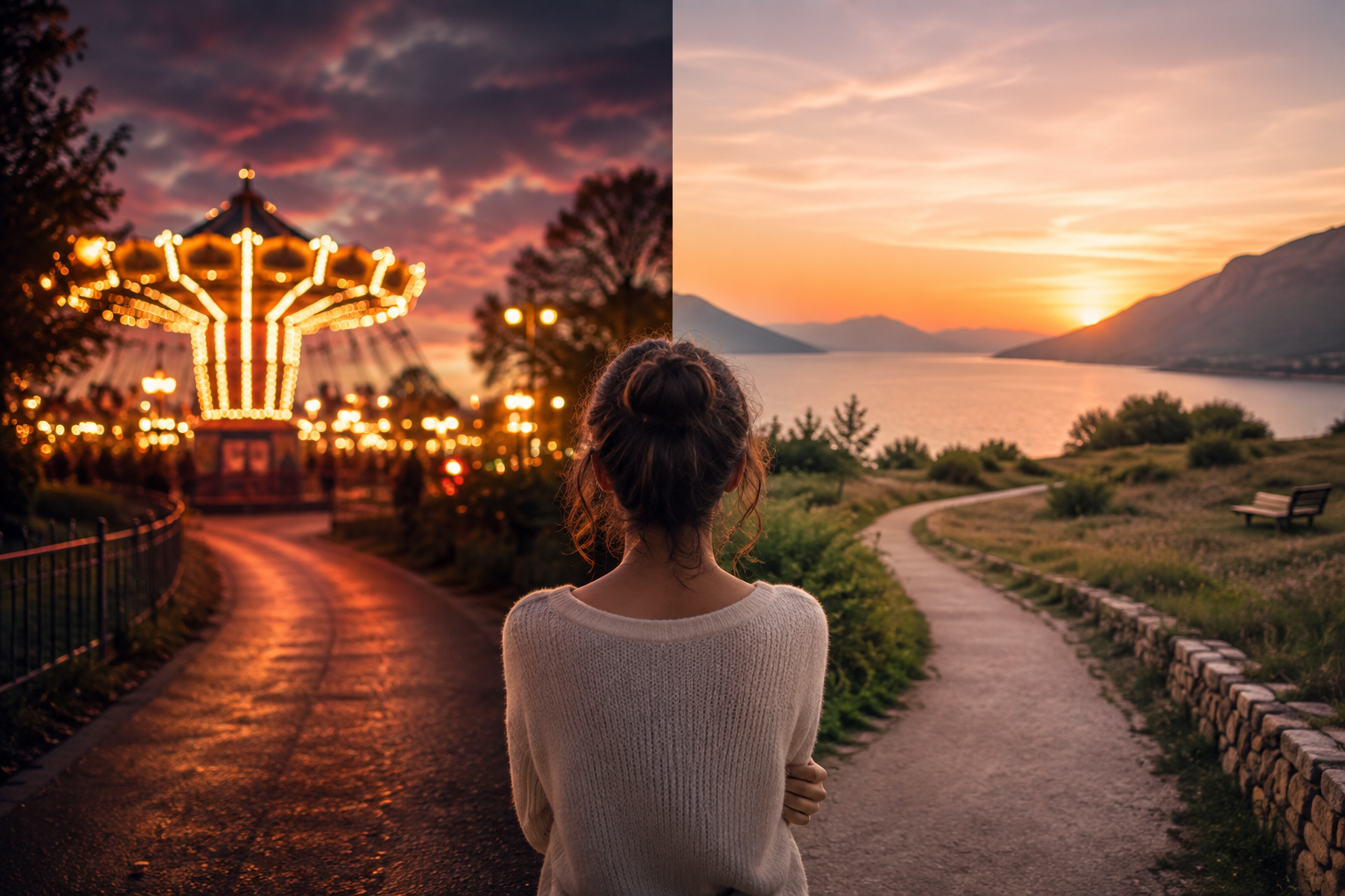 Woman choosing between excitement and peace in love